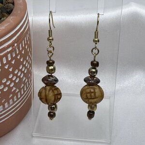 REIMAGINED Tones of Tan Glass & Wooden Bead Dangling Earrings - C